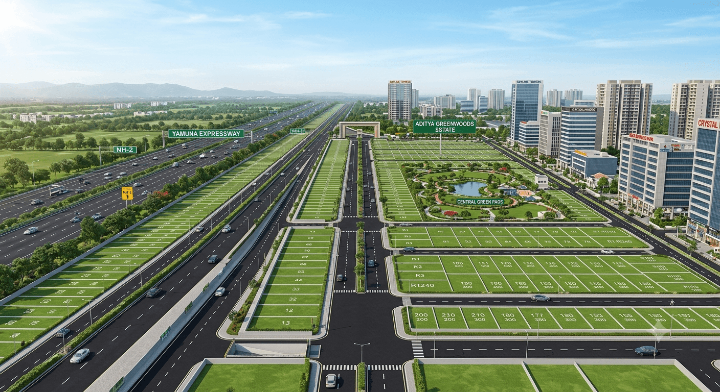 Master-planned YEIDA residential plot layout near Noida International Airport on Yamuna Expressway.